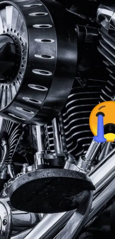 Black and chrome motorcycle engine with crying emoji overlay.