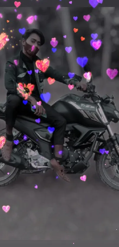 Stylish rider on motorcycle with heart motifs, vibrant wallpaper.