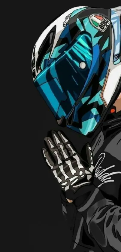 Digital art of biker with graphic helmet on black background.