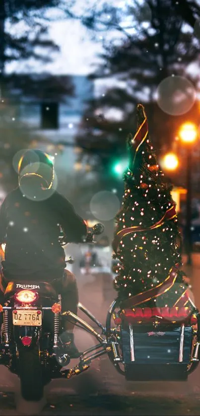 Motorcycle ride with holiday lights and tree in sidecar.