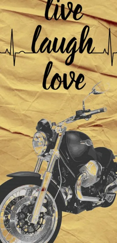 Motorcycle with 'Live Laugh Love' text on a yellow textured background.