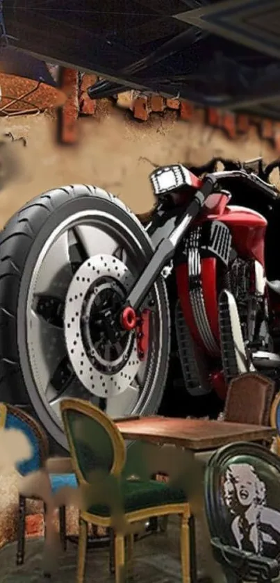 3D motorcycle bursts through a rustic wall in a themed cafe setting.