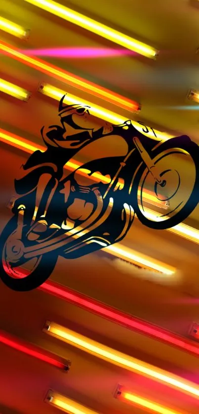 Motorcycle silhouette with bright neon lights in vibrant colors.