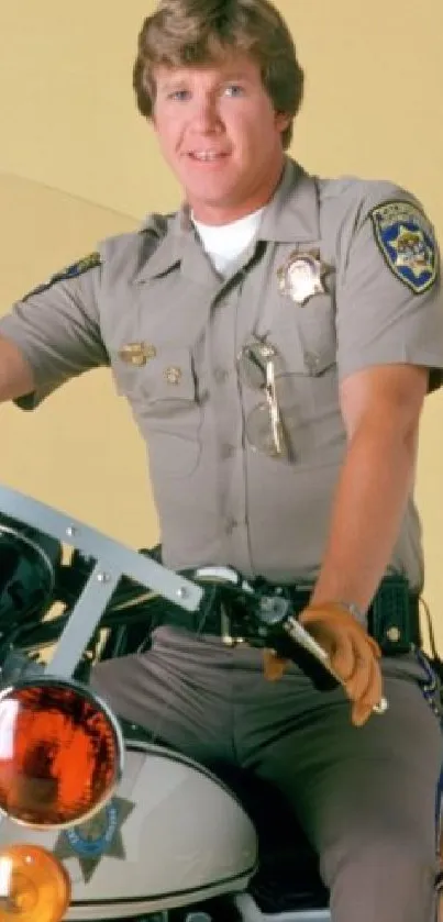 Classic motorcycle officer in uniform against a beige background.