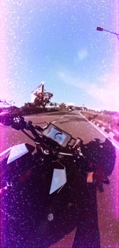 Motorcycle on road with pink and purple sparkle effects.