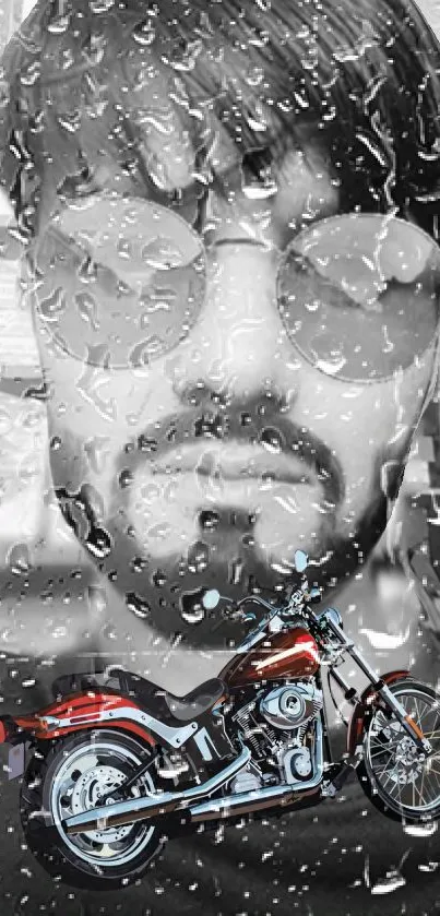 Motorcycle and face reflection on raindrop glass wallpaper.