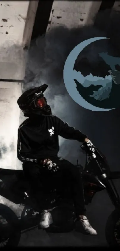 Dark-themed wallpaper with motorcycle rider and shadows.