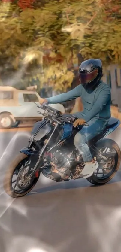 Motorcycle rider driving on a road with autumn trees in the background.