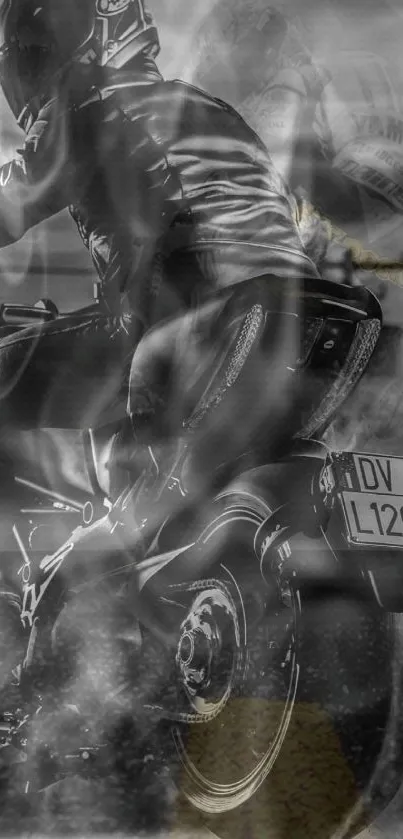 Grayscale wallpaper of a motorcycle rider in dynamic motion.