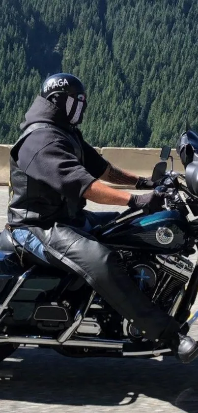 Motorcycle rider cruising through scenic mountain road.