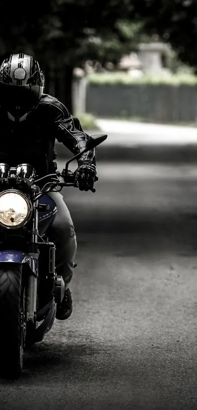 A motorcycle rider in black gear cruises down an urban alley.