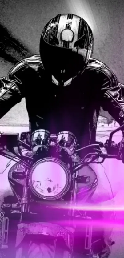 Motorcycle rider with futuristic pink light effects.