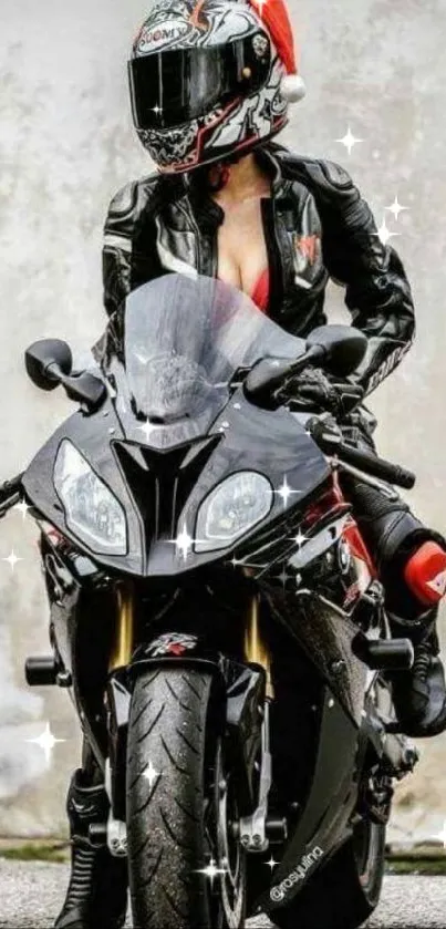 Motorcycle rider in leather jacket with helmet, posing on a sleek bike.