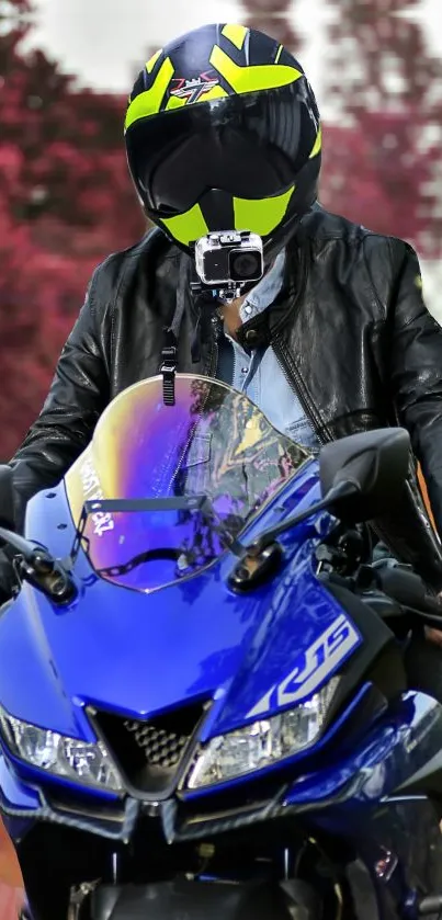 Motorcycle rider with blue bike and helmet