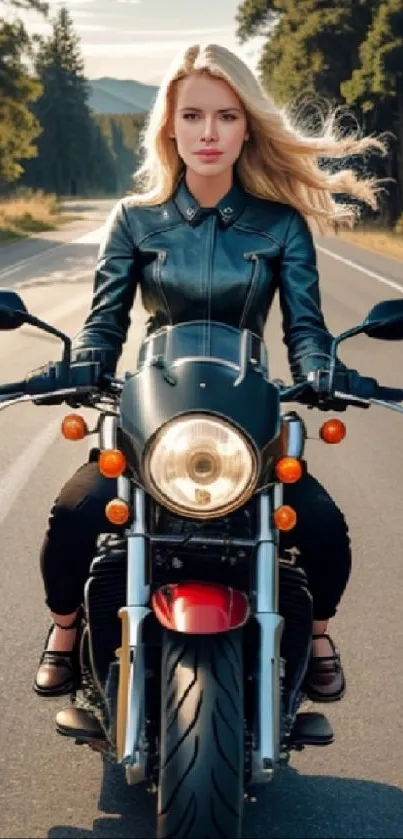 Woman riding motorcycle on scenic open road.