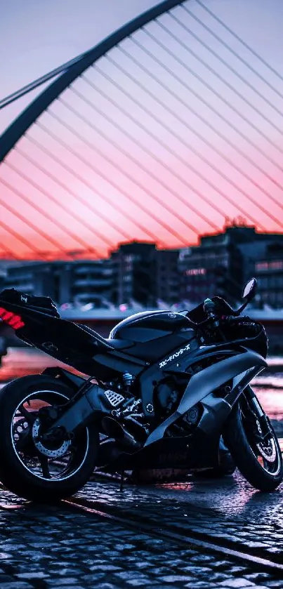 Sleek motorcycle at sunset with urban background.