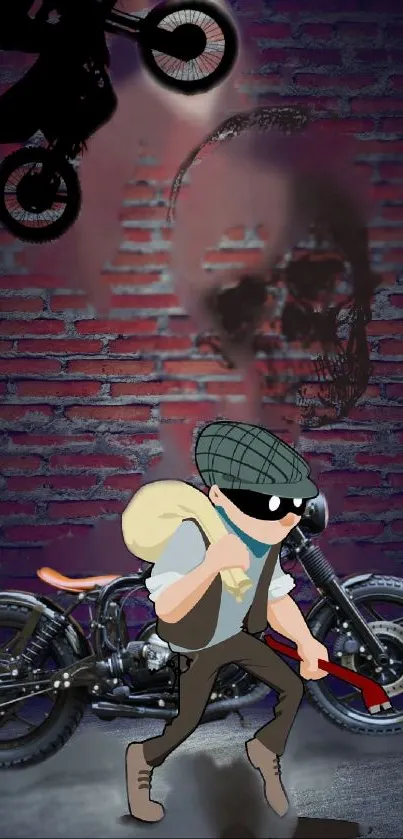 A cartoon thief with a motorcycle against a brick wall backdrop.