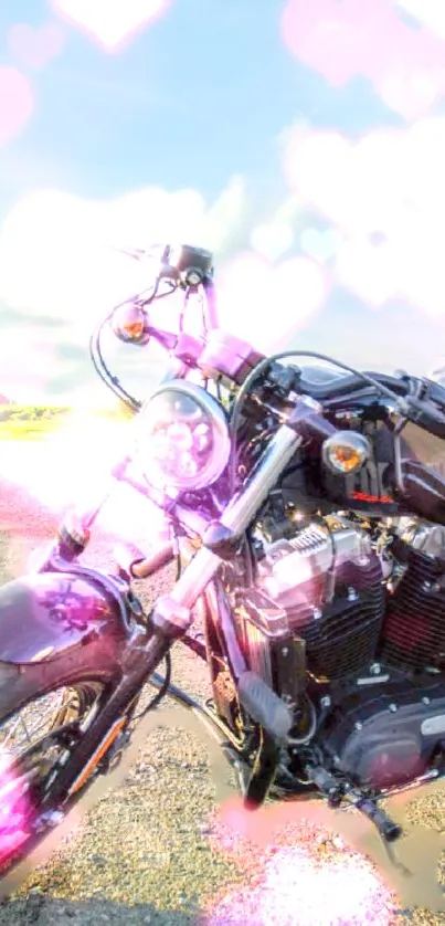 Motorcycle with pink heart cloud overlay on a sunny day.