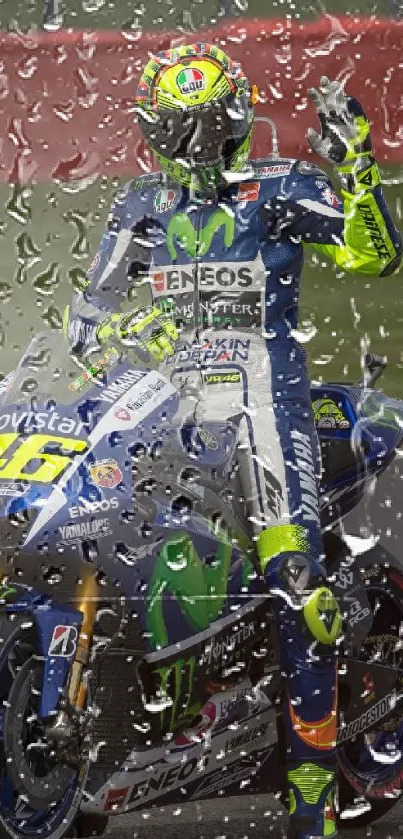 Motorcycle racer in vibrant gear on a rainy day track.