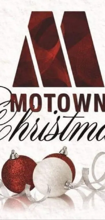 Motown Christmas wallpaper with red and white ornaments on a holiday-themed background.