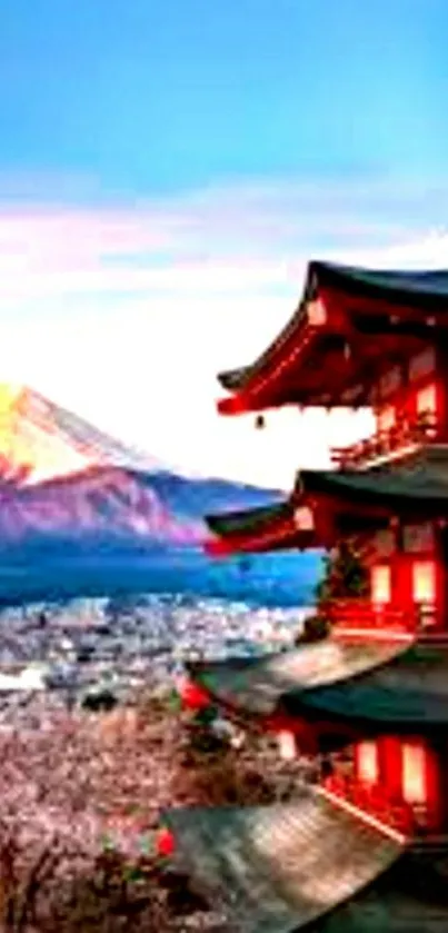 Mobile wallpaper of a red pagoda and Mount Fuji at sunset in Japan.