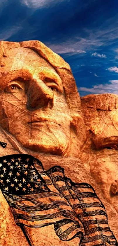 Mount Rushmore wallpaper with American flag and vivid sky.