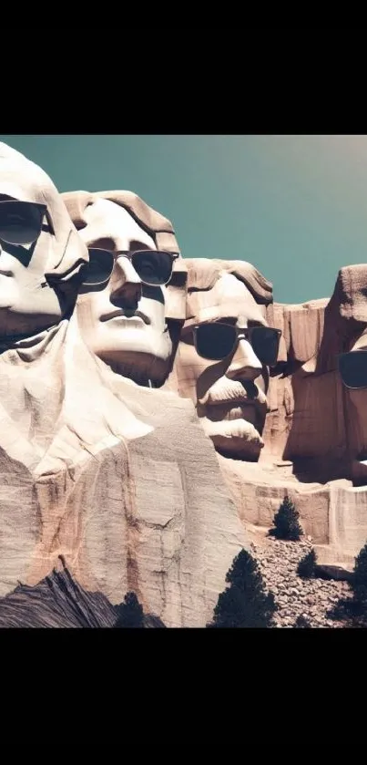 Mount Rushmore presidents wearing sunglasses in a sunny scene.