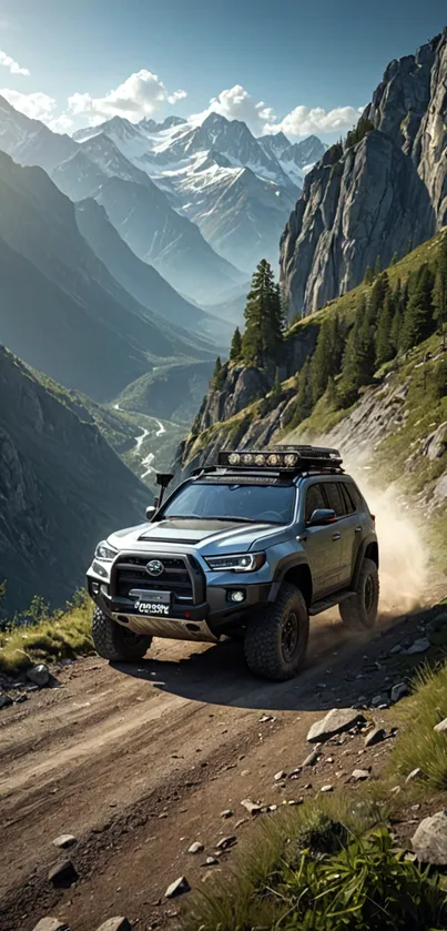 SUV in rugged mountain landscape, driving on a dirt path.