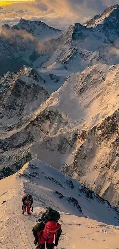 Mountaineers climb snow-covered peaks with clouds and distant mountains.