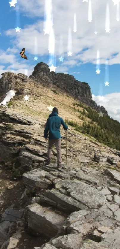 Hiker on a rocky mountain path under a starry sky with butterflies.