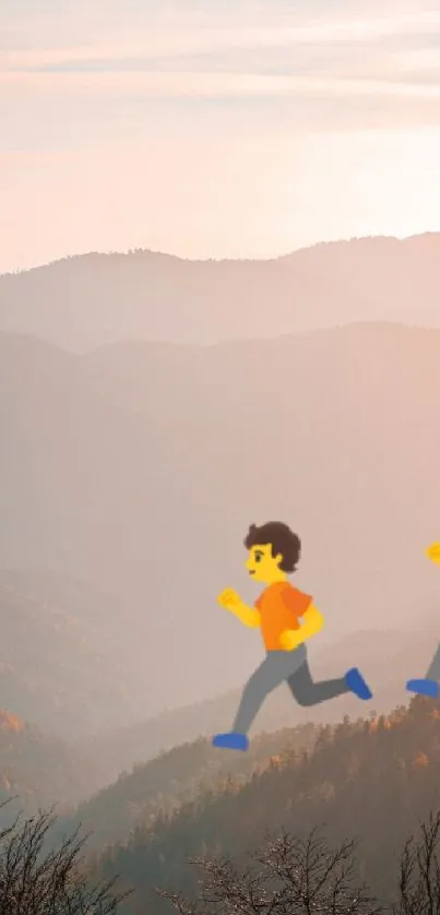 Cartoon runners over scenic mountain landscape with peach sky.