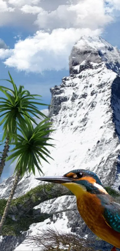 Vivid wallpaper of mountain, kingfisher, and tropical palms.