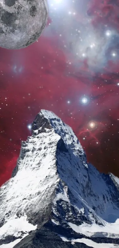 Snow-capped mountain under a cosmic red sky with stars and moon.