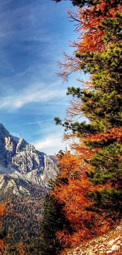 Autumn landscape with mountains and trees in vibrant colors.