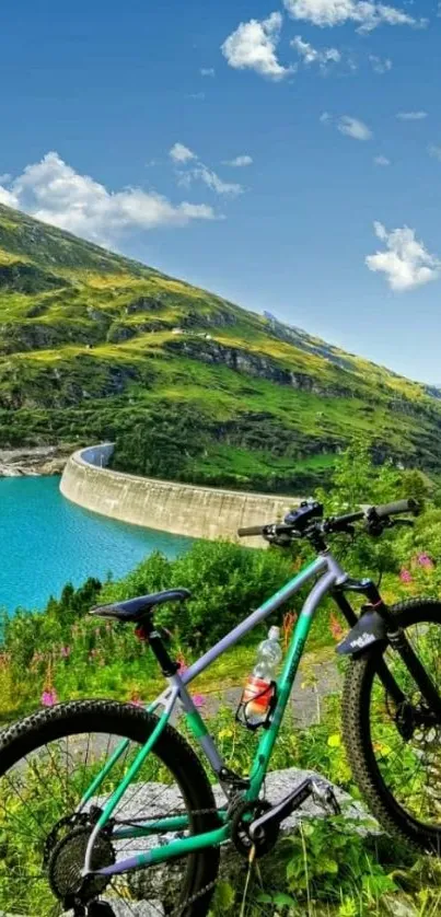 Mountain bike overlooking a serene lake with lush green hills.