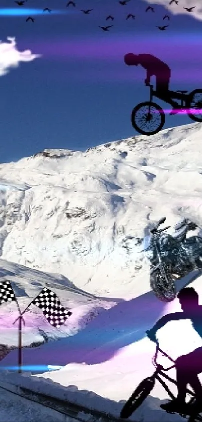 Two bikers silhouetted against snowy mountains, mid-jump.