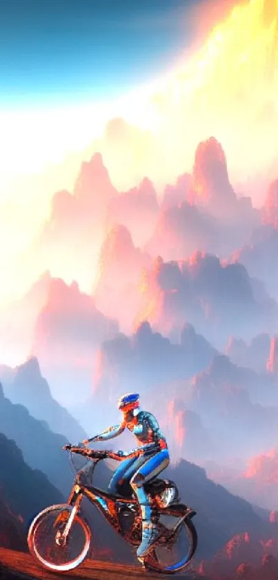 Cyclist explores vibrant alien landscape with bright orange hues.