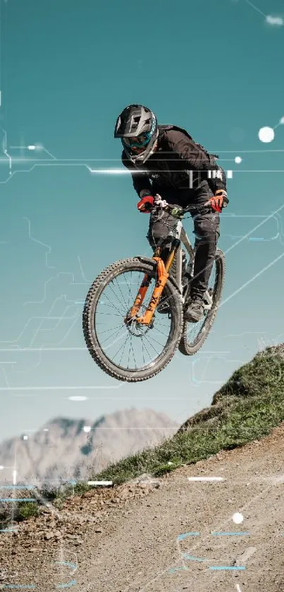 Mountain biker airborne against a scenic backdrop.