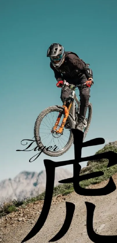 Cyclist on mountain bike with artistic calligraphy, set against blue sky.