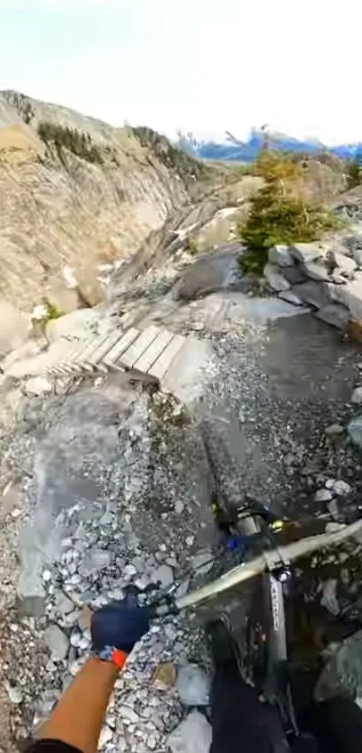 Mountain biker on rocky trail with stunning view.