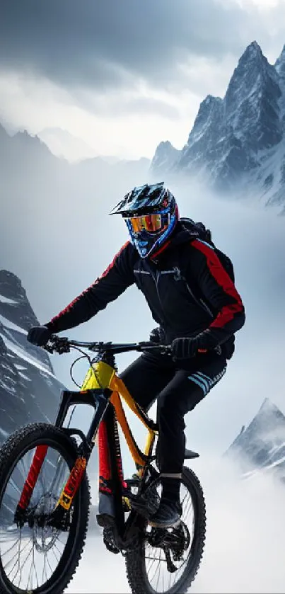 Cyclist on a mountain bike rides through snowy peaks.