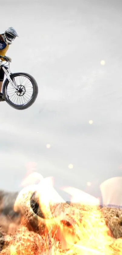 High-flying mountain biker wallpaper with rugged terrain and vibrant energy.