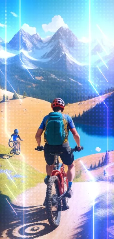 Two mountain bikers riding through scenic terrain with mountains and lake views.