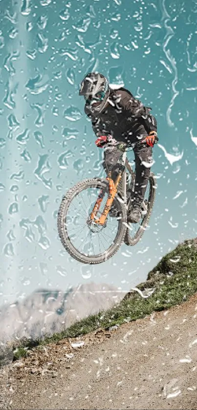 Cyclist jumps on mountain trail with scenic backdrop.