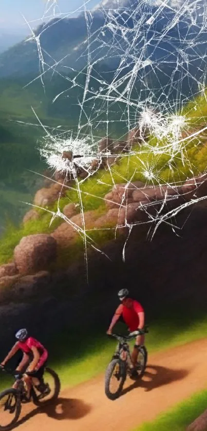 Cyclists on a scenic mountain trail with cracked screen effect.