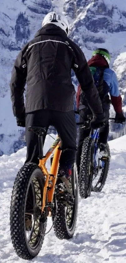 Two cyclists biking on snowy mountain trails.