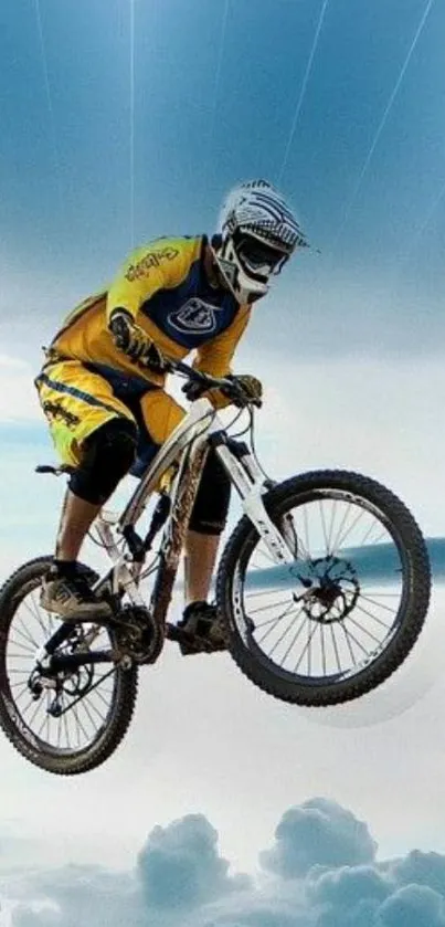 Cyclist leaps on mountain bike over clouds.