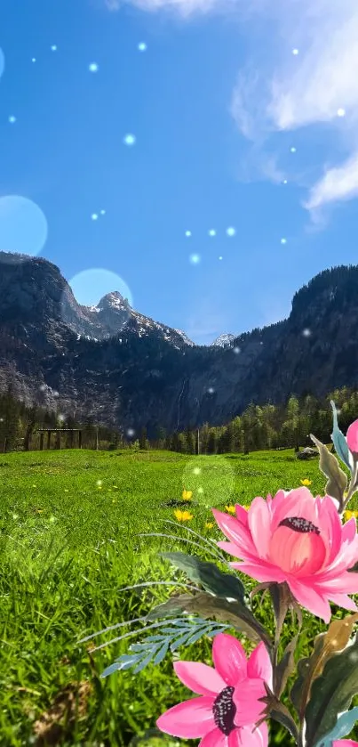 Mountain landscape with pink flowers under a bright blue sky.