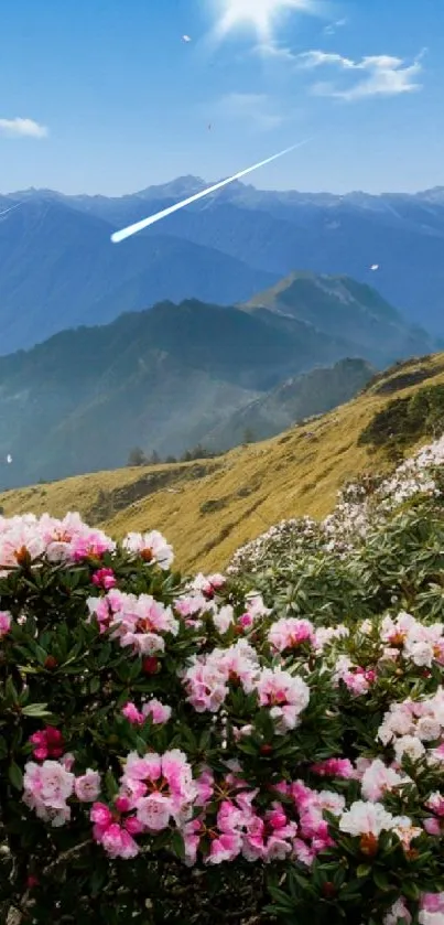 Mountain landscape with pink blossoms and clear sky.