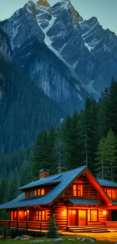 Cozy mountain cabin with glowing lights surrounded by pine trees and snow-capped peaks.